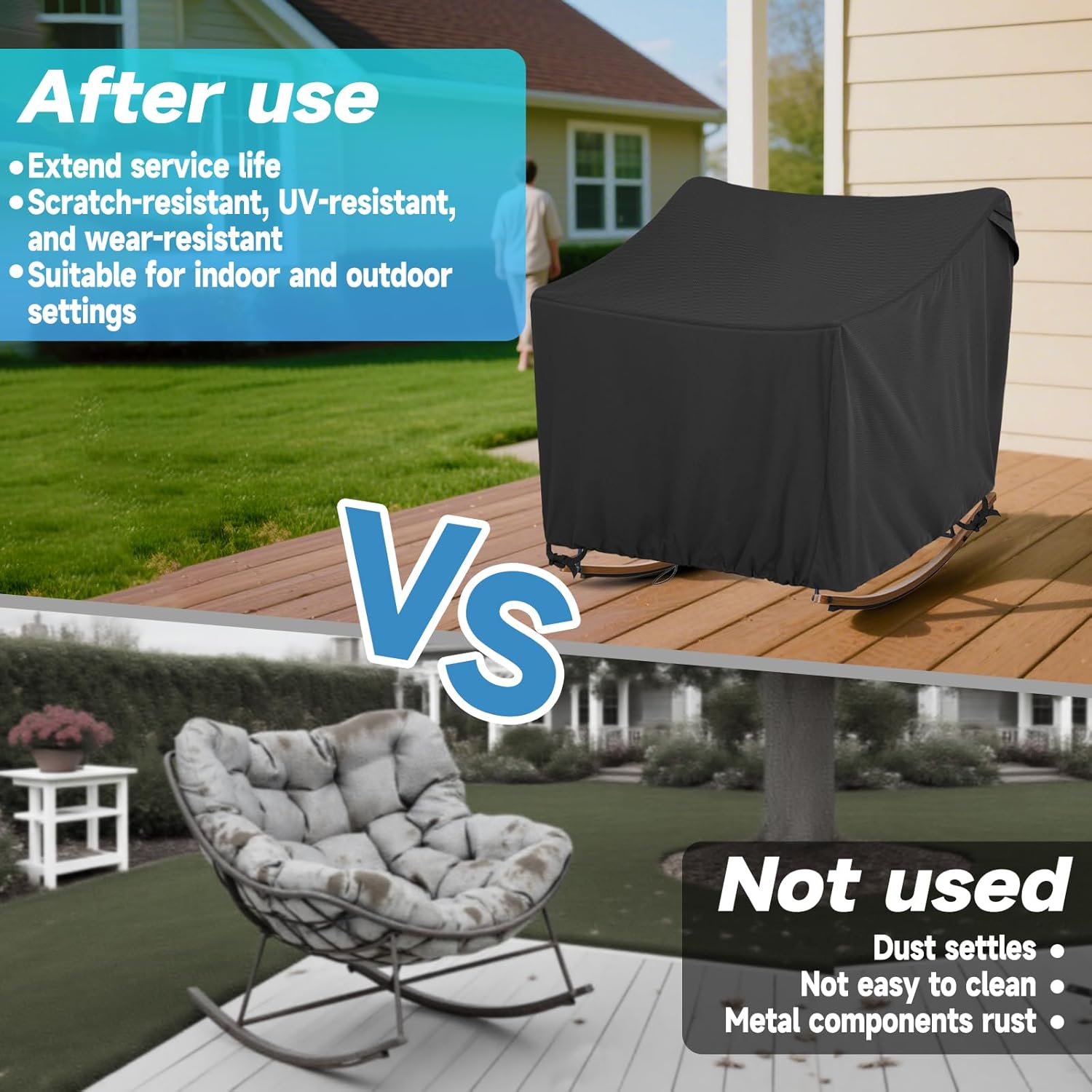 Outdoor Papasan Rocking Chair Cover 41" W x 45" D x 31" H Black Heavy Duty Waterproof Dust Resistant Patio Furniture Seat Covers