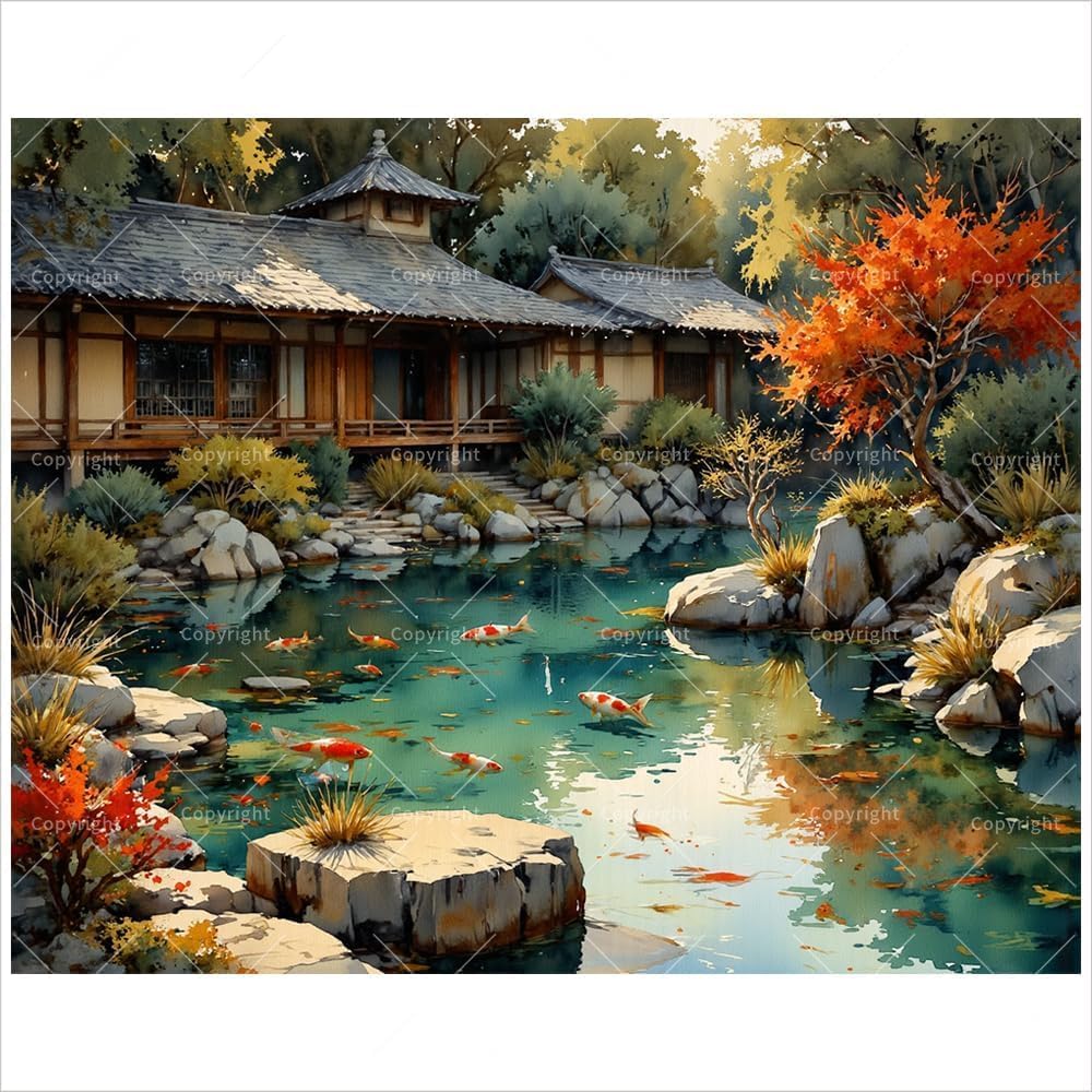 TAOPAOLAB Garden Paint by Numbers Kit for Adults - DIY Japanese Koi Pond and Autumn Trees Painting on Canvas 16x20In, Framed Acrylic Paint Set, Suitable for Beginners, Nature Art for Home or Gifts