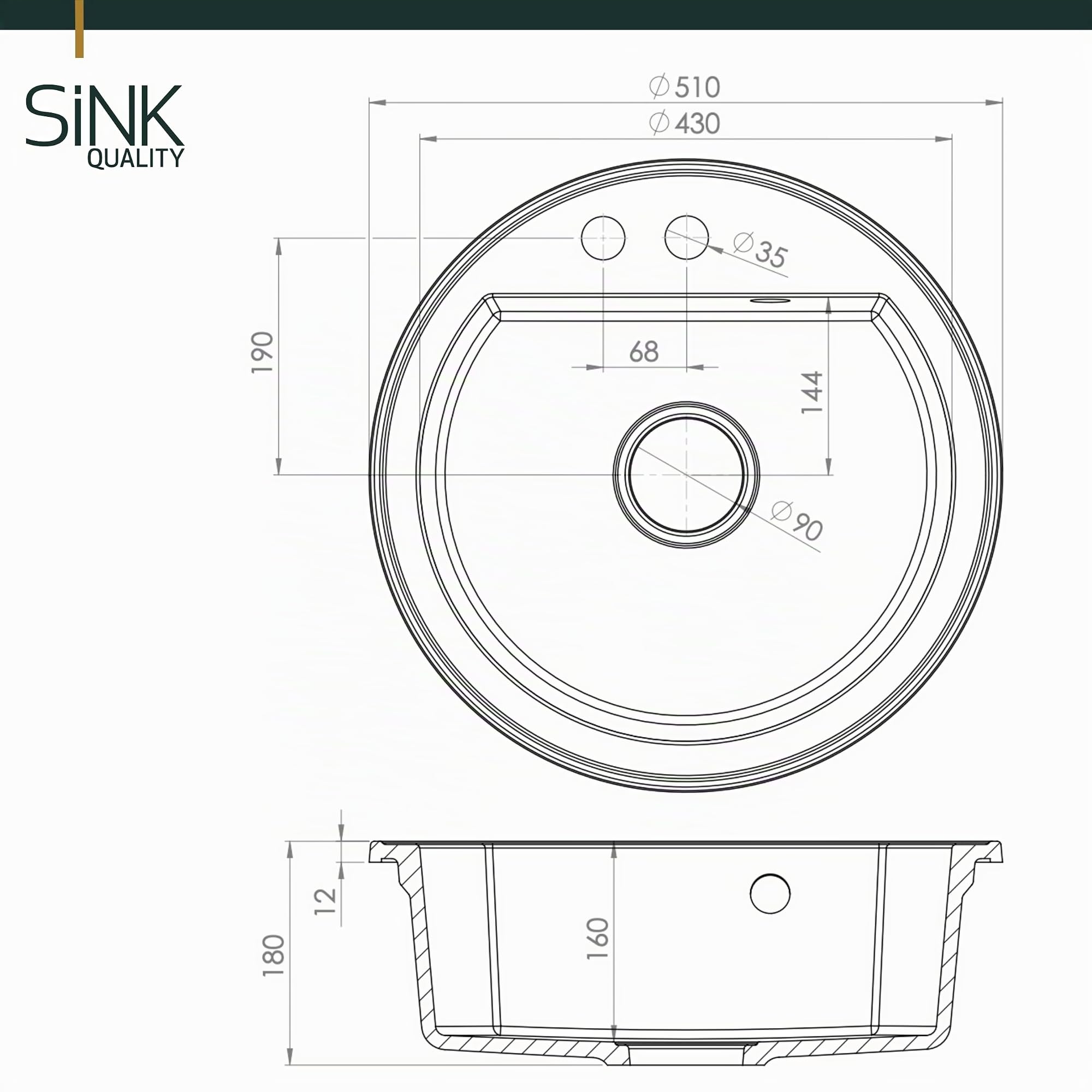 SINK QUALITY Évier rond beige Ø 51 cm – Siphon et imprégnant inclus – Évier de cuisine rond en granit – Évier en granit beige pour armoires basses à partir de 55 cm de largeur – Évier encastrable en