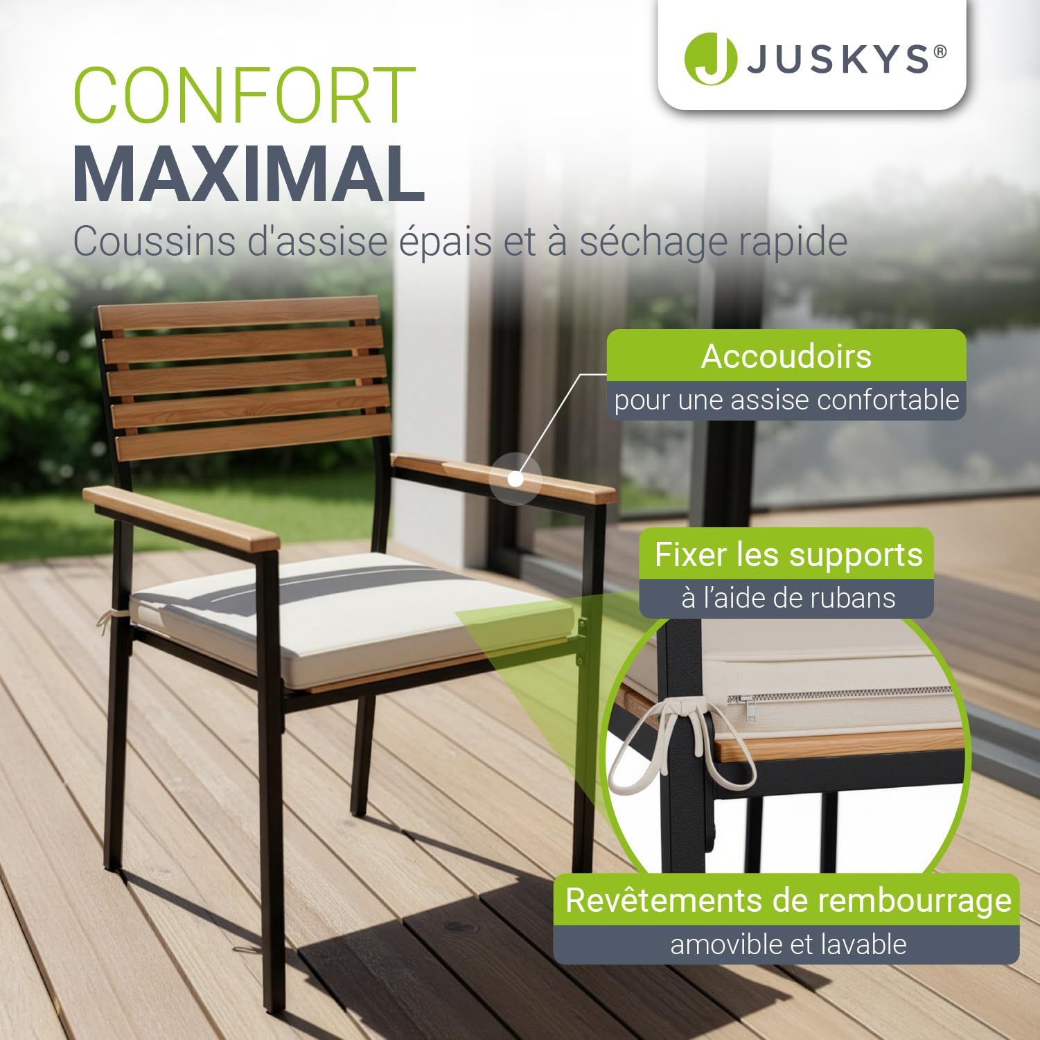 Juskys Salon de Jardin en Bois d'acacia Rhodos - Table, 4 chaises & Coussins - Mobilier de Jardin en Bois, 5 pièces - Meubles de Balcon - Mobilier d'extérieur Bois Naturel & Noir