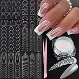 FSpronail French Nail Template Stickers(6 Deisgns,12Sheets) Smile Moon Crescent V-shaped Design French Nails Self-Adhesive Stencil Tips for Manicure Edge Tweezers Set White Pearl Chrome Nail Powder
