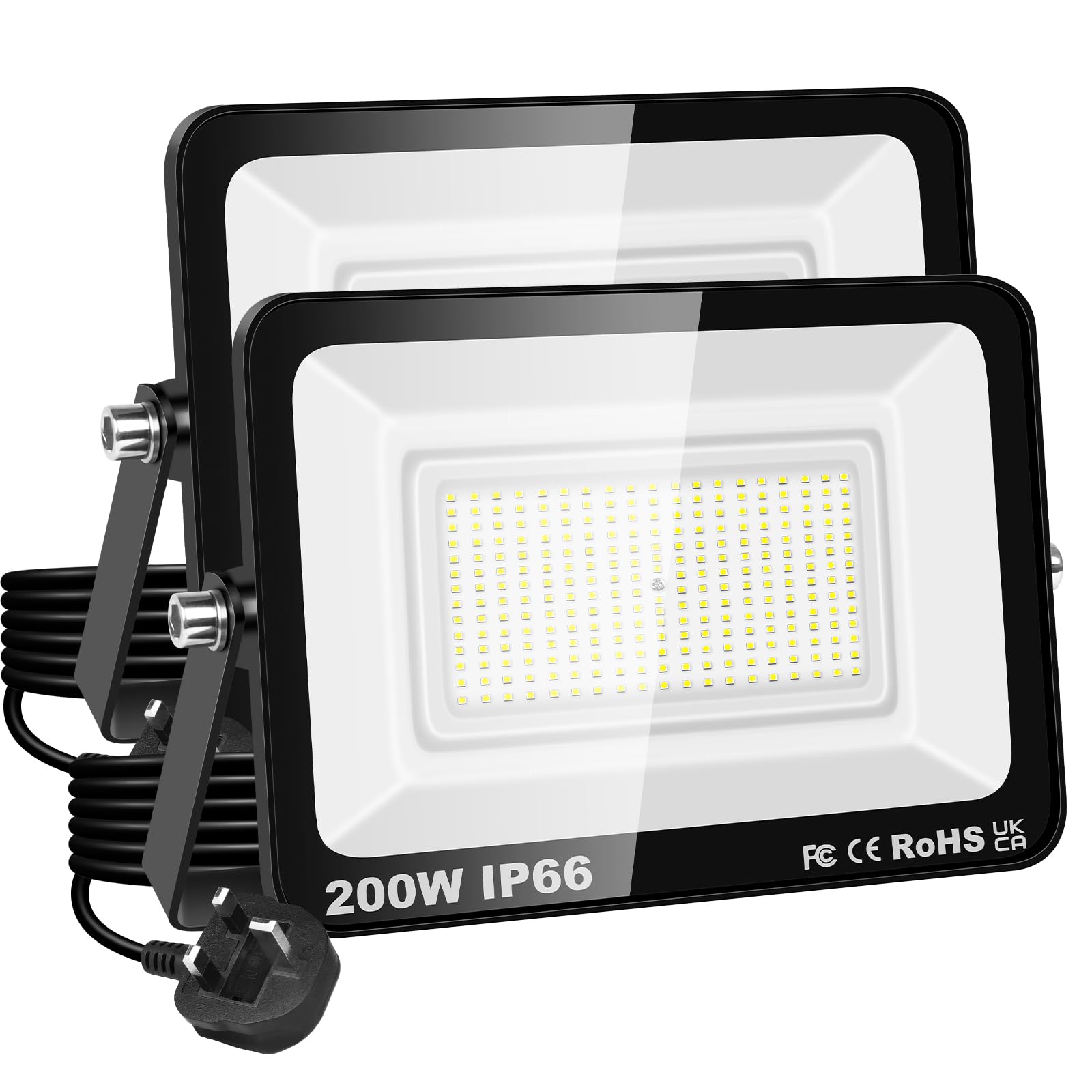 PICAA 200W LED Flood Light, IP66 Waterproof Super Bright 20000LM Security Light, 6500K Cold White Outdoor Wall Light for Garden Yard Garage Patio Warehouse with UK Plug (2PCS)