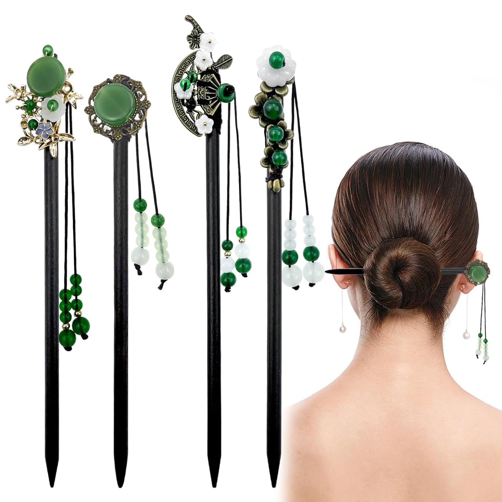 4 Pack Chinese Hair Stick for Buns Chinese Green Beads Flowers Hair Chopsticks Elegant Vintage Tassel Hair Stick Classical Styling Accessories for
