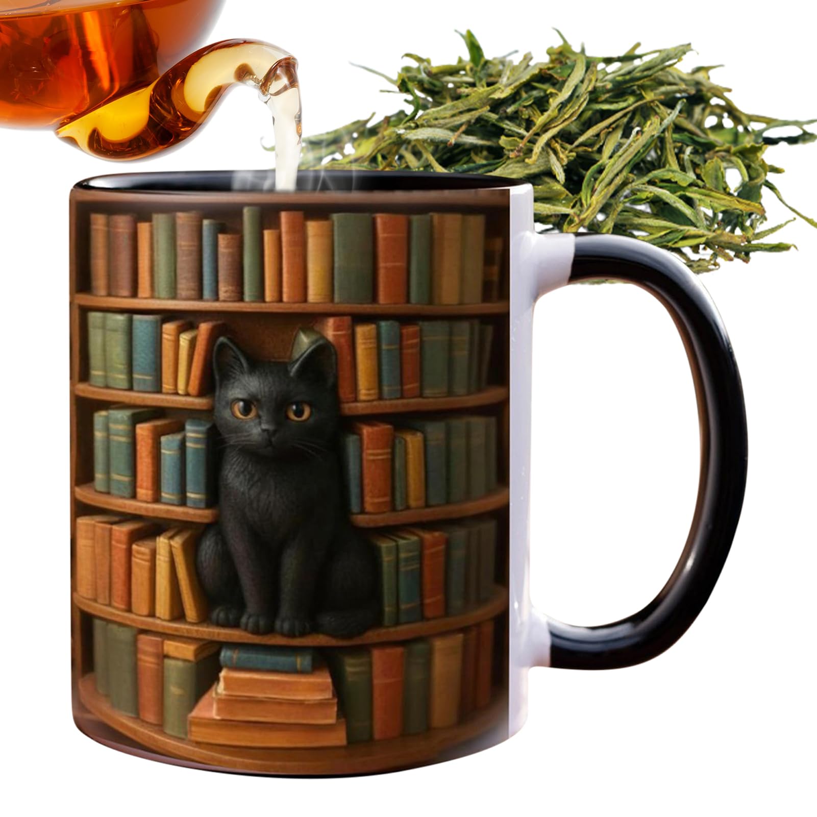 Taza para café de gato de 380 ml en cerámica literaria negra y blanca para casa u oficina