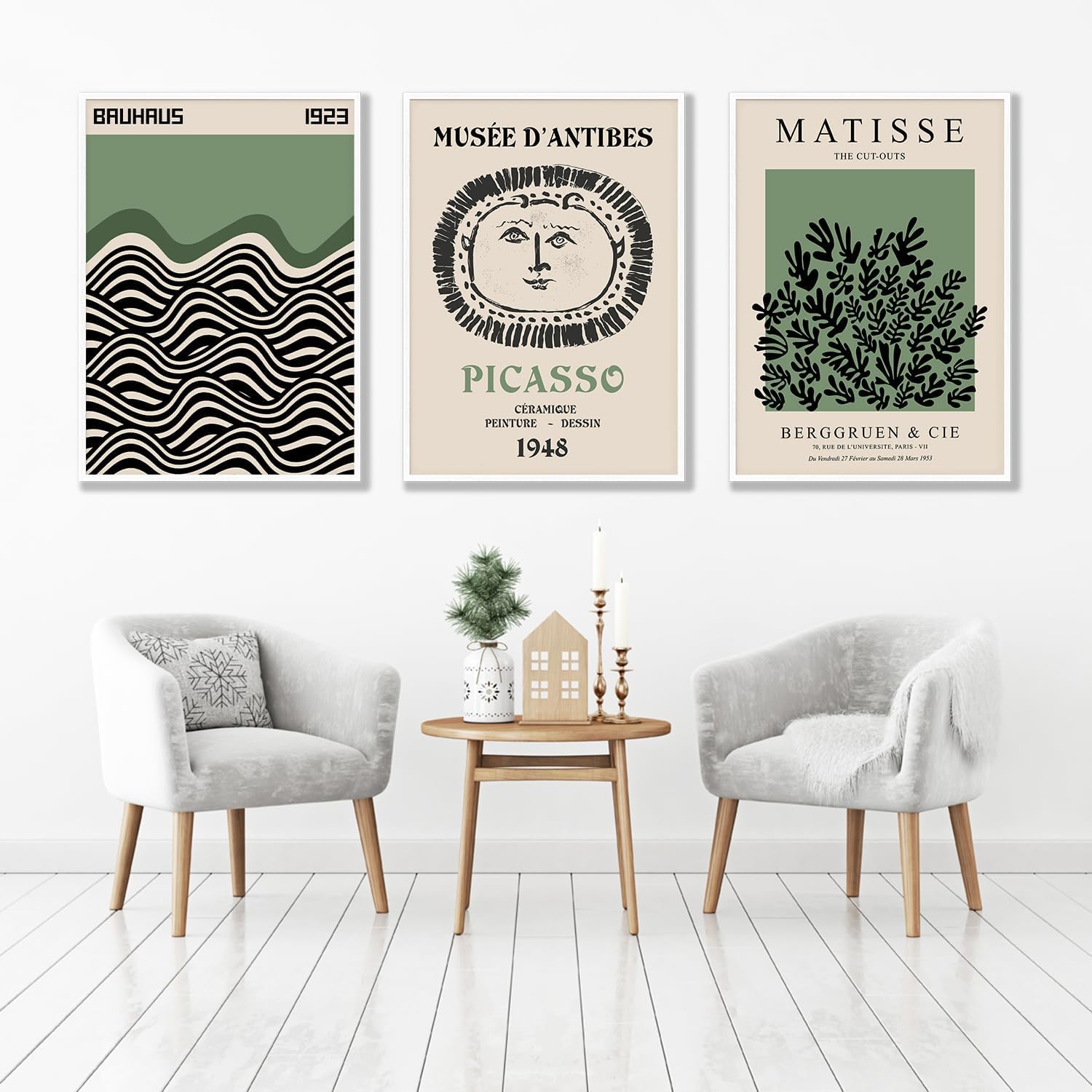 Matisse Bauhaus Canvas Wall Art Sage Green nowoczesny, minimalistyczny abstrakcyjny obraz, plakat z nadrukiem, dekoracja pokoju dziennego (30 x 40 cm x 3/wewnętrzna rama)