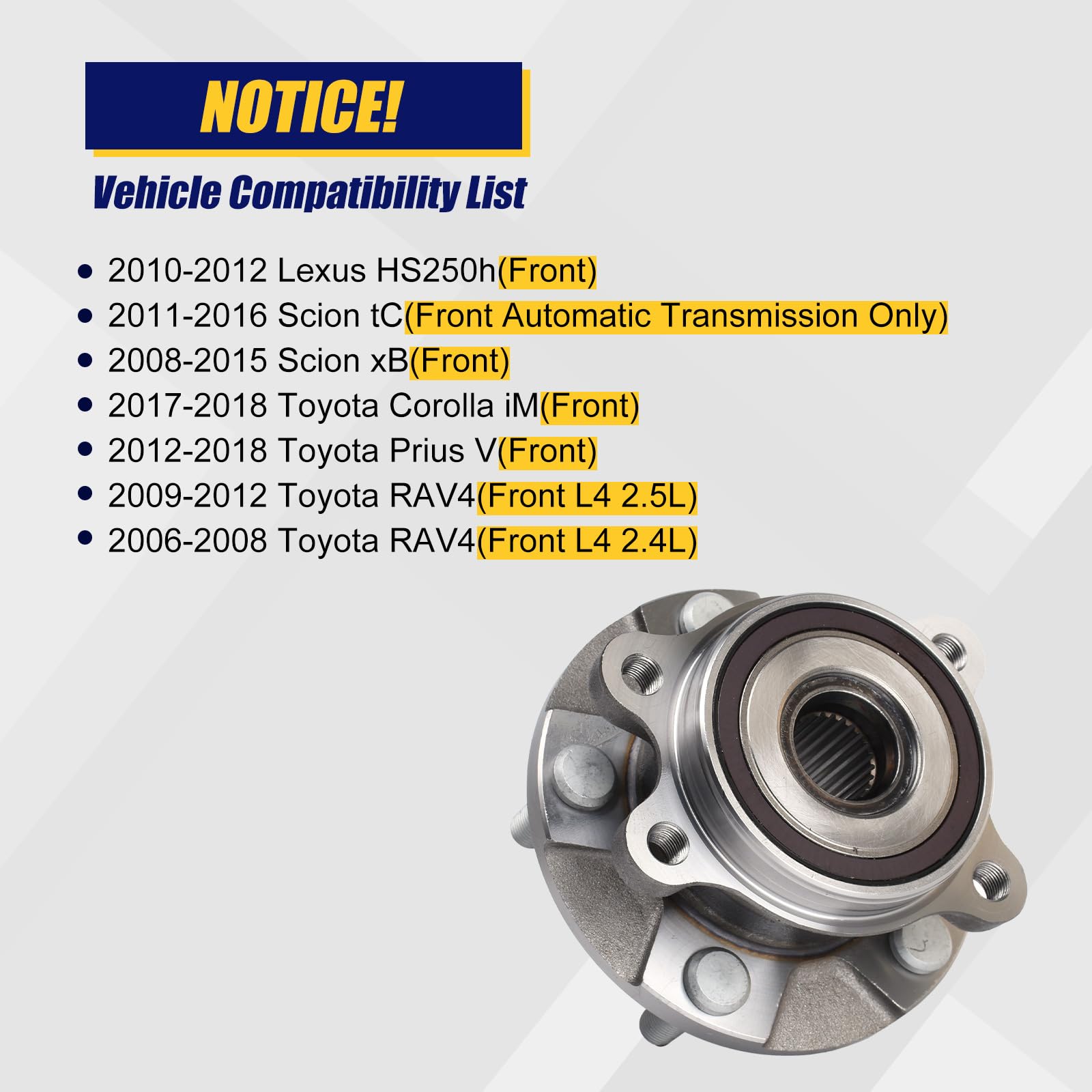 KUSATEC 513257 Front Wheel Bearing And Hub Assembly - Fits Lexus HS250h, Scion TC/xB, Toyota Corolla/Prius V/RAV4 - View #3