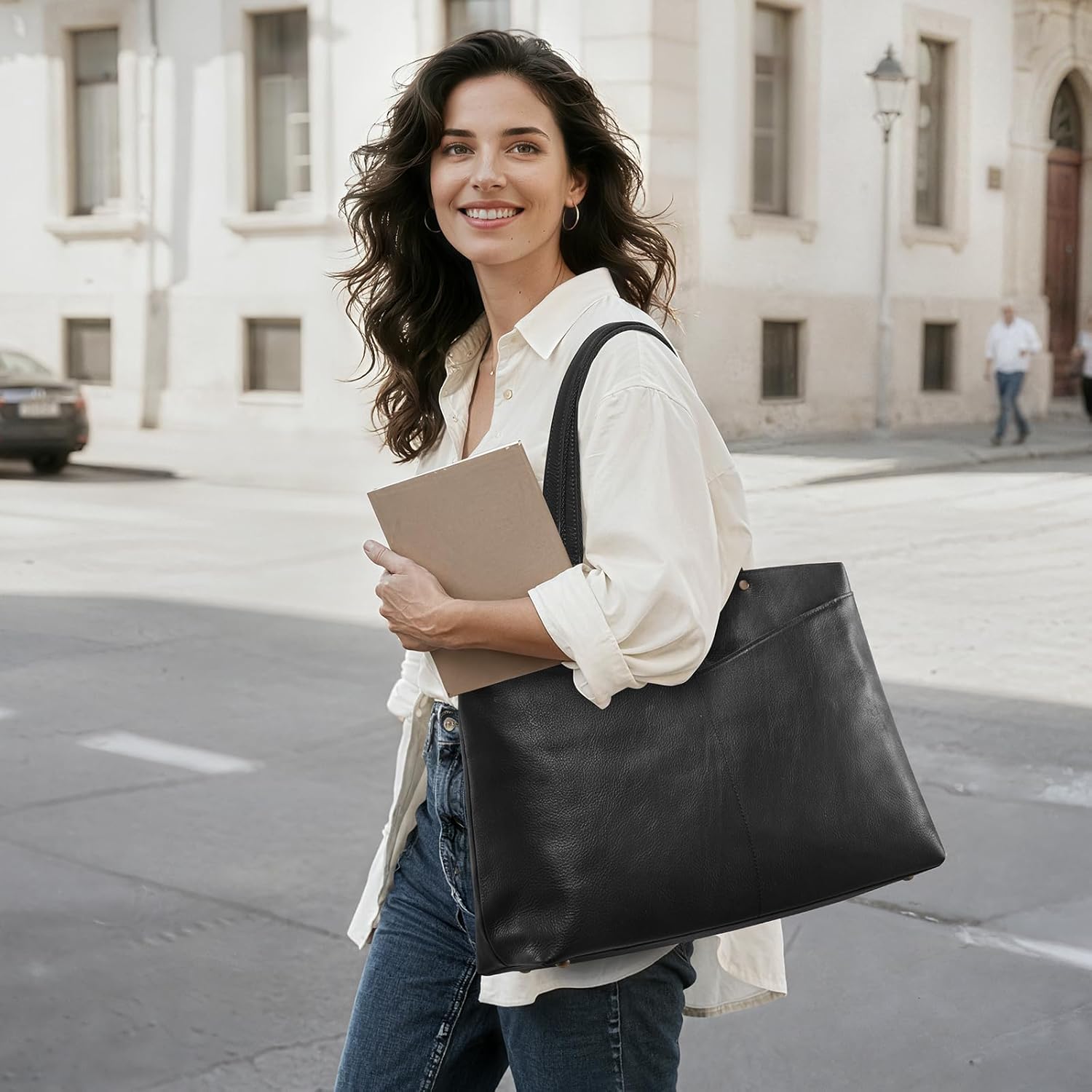 S-ZONE Leather Tote Bag for Women Work Travel Shoulder Bags Purses with Zipper - Image 2