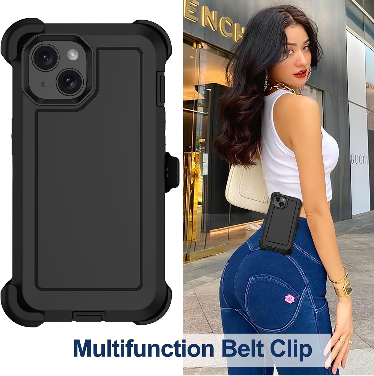RubCase for iPhone 15 Case 6.1” with Belt Clip Holster, 2X Screen Protector, Heavy Duty Military Grade Full Body Shockproof Dust-Proof Drop Proof Rugged Protective Cover for iPhone 15 (Black) - Image 6