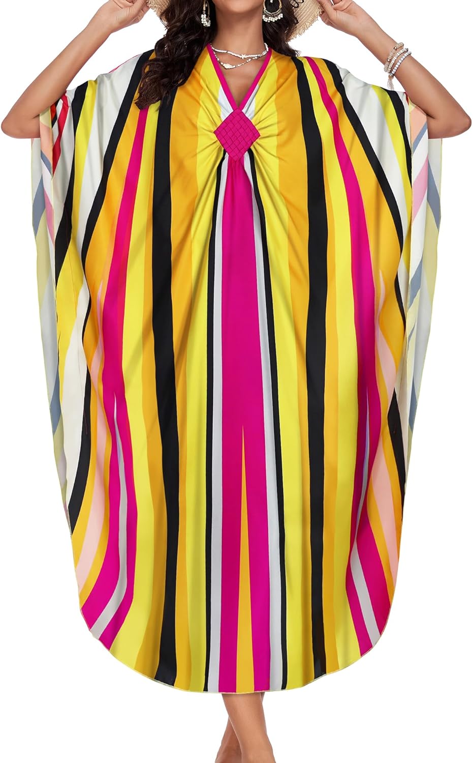 Kaftan Dresses for Women Plus Size V Neck Caftans Long Batwing Sleeve Beach Cover Ups Summer Floral Print Dress - Image 5