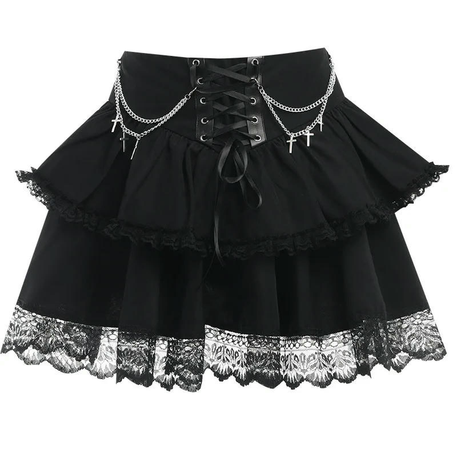 Gonna Lunga Donne Vintage Streetwear Cyber Chain Cross Lace-up Corsetto Torta Gonna-1-xs