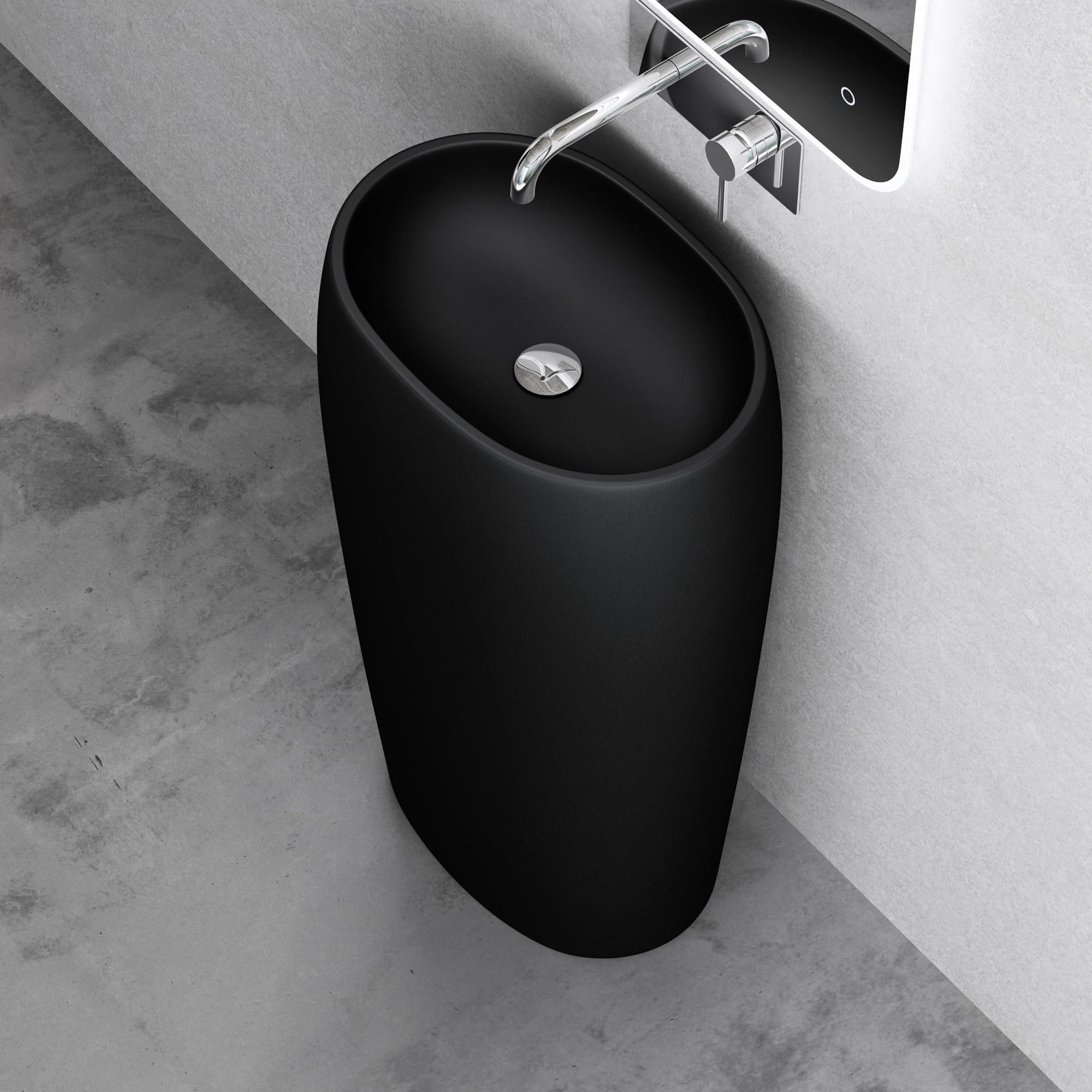 doporro Lavabo Colonne Ovale Noir Vasque sur Pied Solid Surface Lave Mains pour Salle de Bain 53,5x36x85cm Colossum32