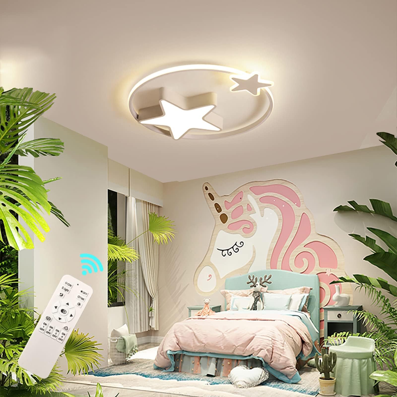Weiße LED Deckenleuchte | Moderne Runde Kinderlampe | Sterne Sternenhimmel Kinderlicht | Ø55cm 48W | Dimmbar Mit Fernbedienung 2700K-6500K | Kinderzimmer Jungen Mädchen Deckenleuchte Schlafzimmer