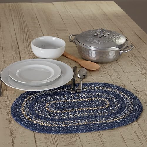 VHC Brands Farmhouse Great Falls - Mantel individual de mesa, azul y blanco, mezcla de yute, ovalado, 12 x 18 pulgadas
