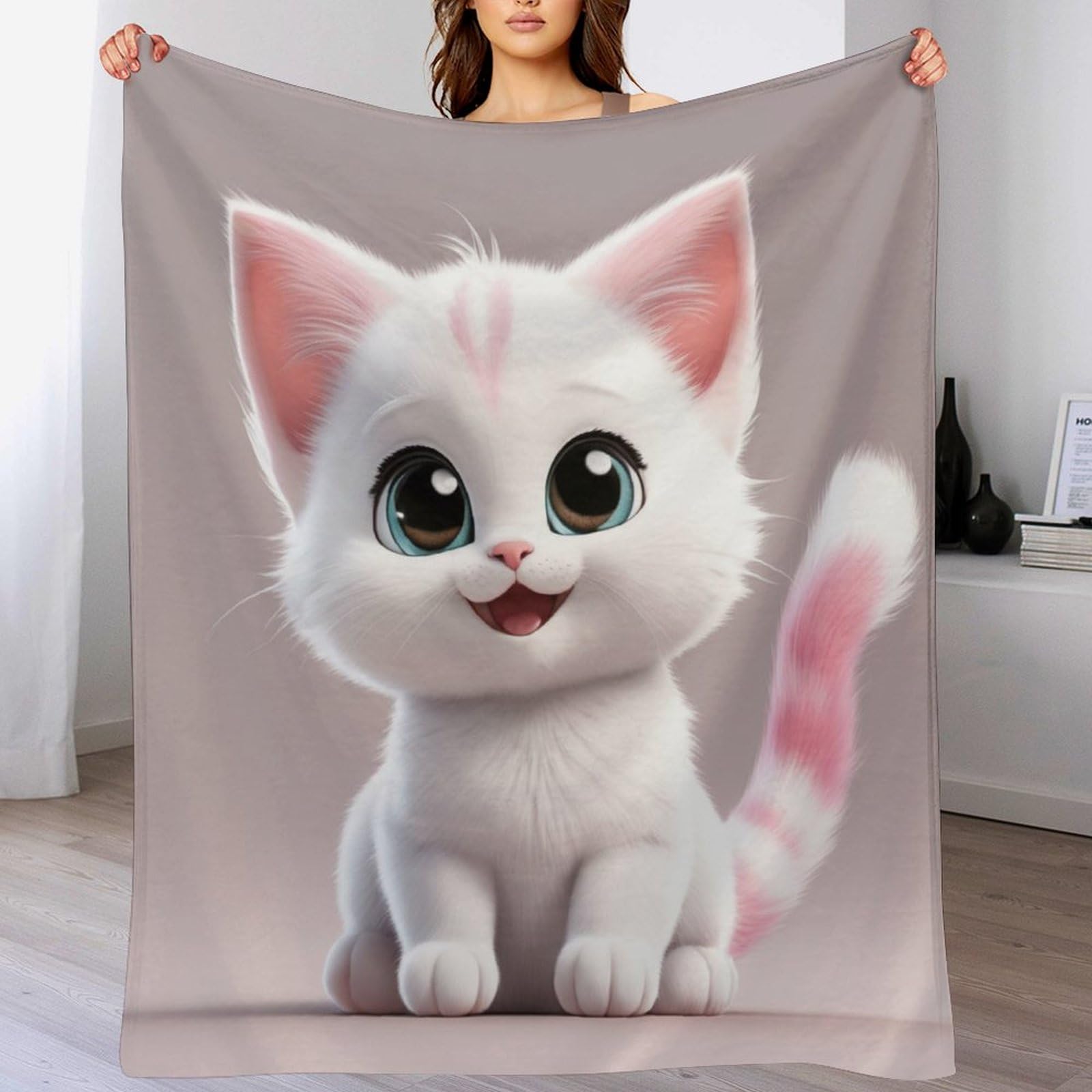 Couverture en flanelle douce motif chat et carreaux, finitions haut de gamme