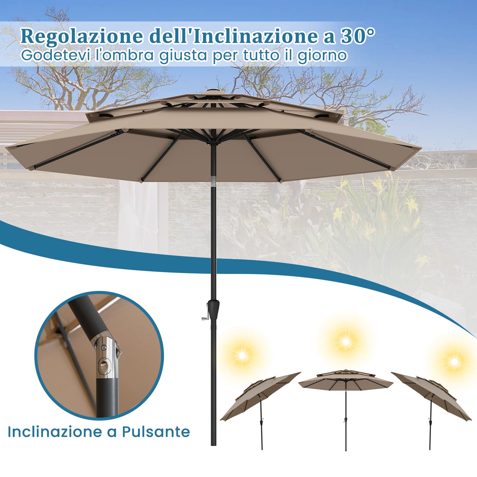 COSTWAY Ombrellone Giardino 300 cm, Ombrellone 3 Livelli con Ventilazione, Inclinazione Regolabile, Manovella, 8 Costole, per Giardino Spiaggia Piscina (Marrone)