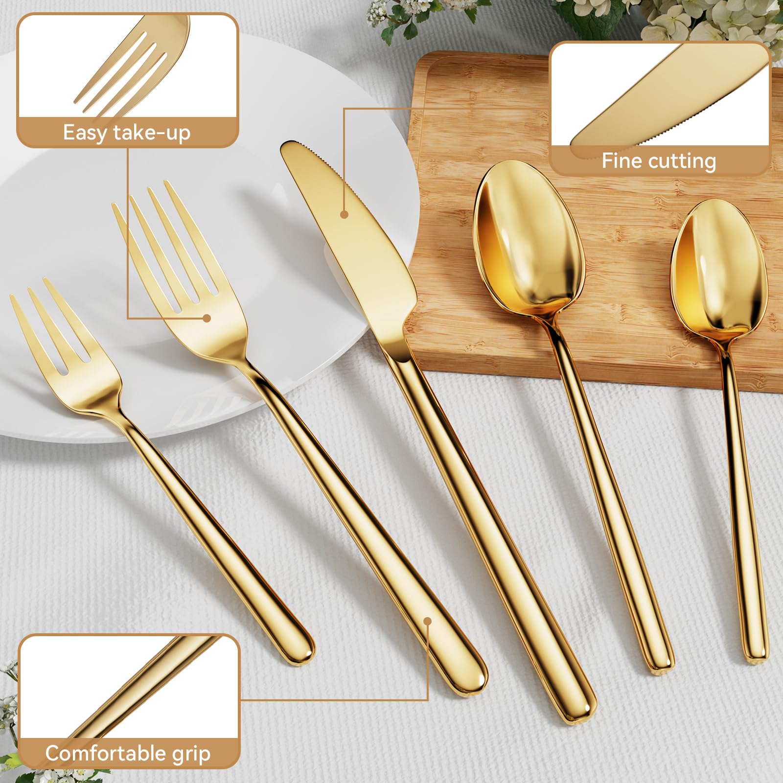 Ovales Verspiegelt Gold 30-teiliges Besteck Set, Besteckset aus Geschmiedetem Edelstahl Mit Europäischem Design, Modernes, Spülmaschinenfest, Cutlery Set für 6 Personen