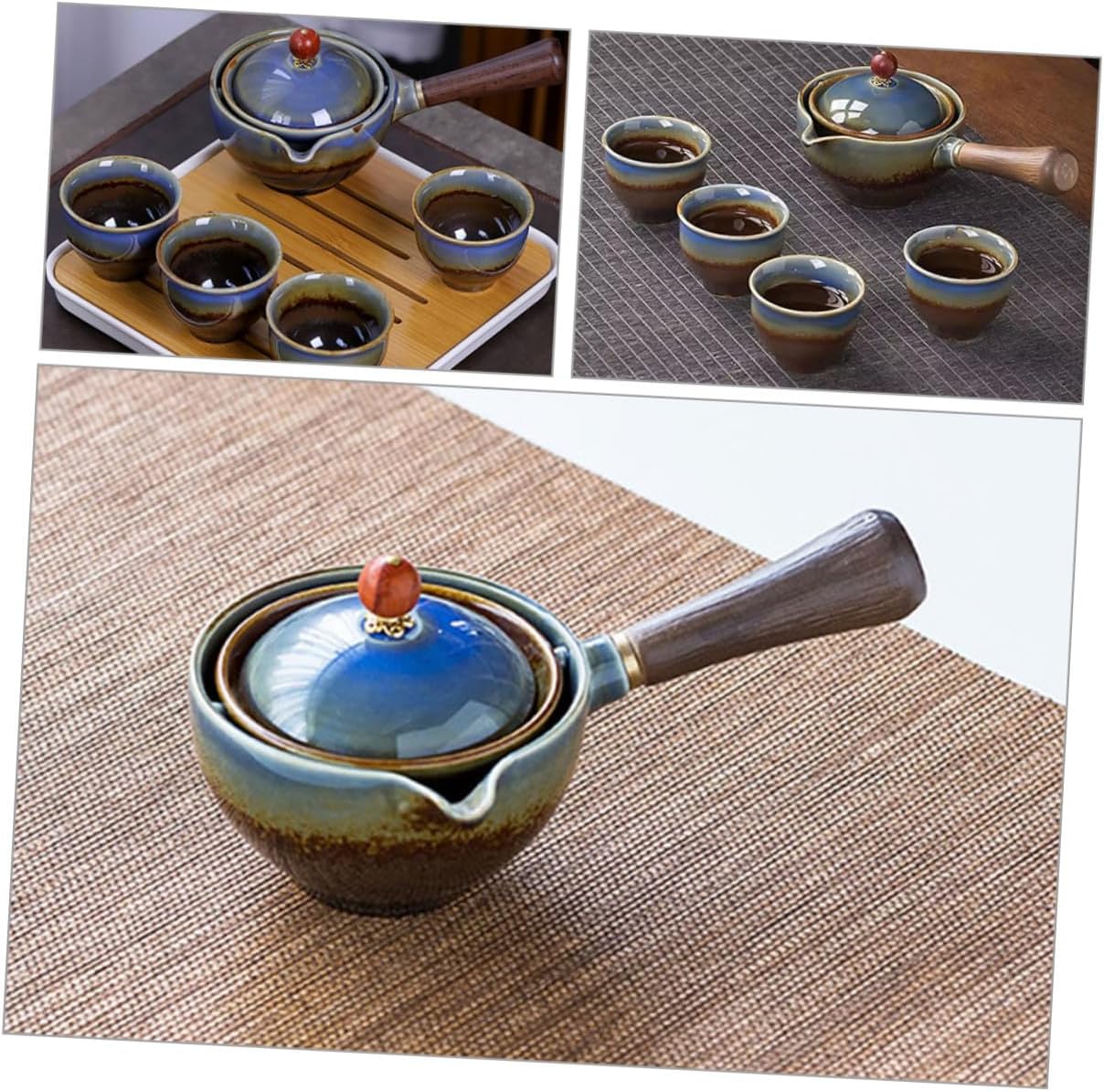 Portable Ceramic Gongfu Tea Set with Teapot and Four Cups, Military Green Travel Tea Set Kit with Carrying Bag for Outdoor and Travel Use