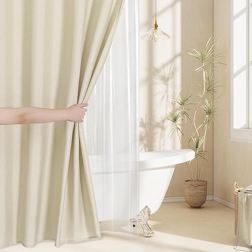 Miniatura 6 de MitoVilla Juego de cortina de ducha 3 en 1, cortina de baño con textura de lino neutro bohemio y forro de PEVA transparente con 12 ganchos de acero