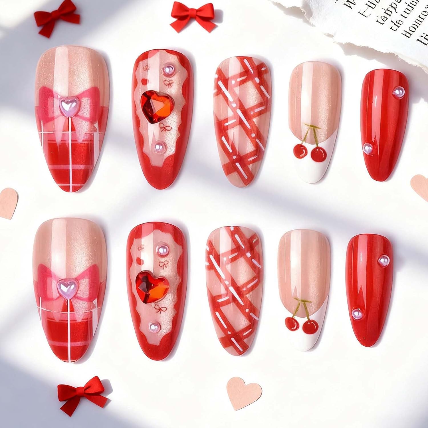24Pcs Valentines French Tip Press on Nails Medium Almond Bow Cherry Heart Fake Nails With Heart Rhinestones Glue on Nails Holiday False Nails for Women Valentines Nail Decoration for Women Gift