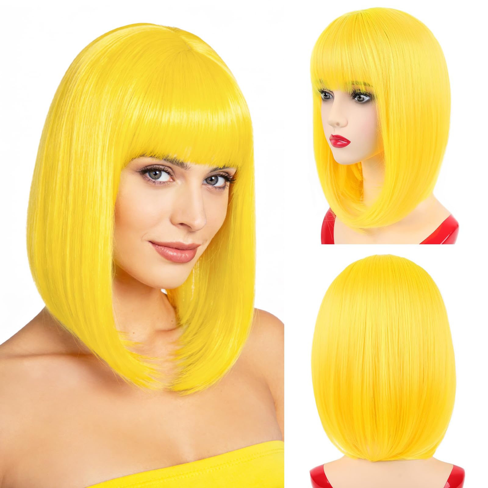 Yellow Wig with Wavy Straight Hime Cut and Bangs and Clips Like New Golden Yellow Bob Wig With Bangs. Heat-resistant Synthetic  main image 4