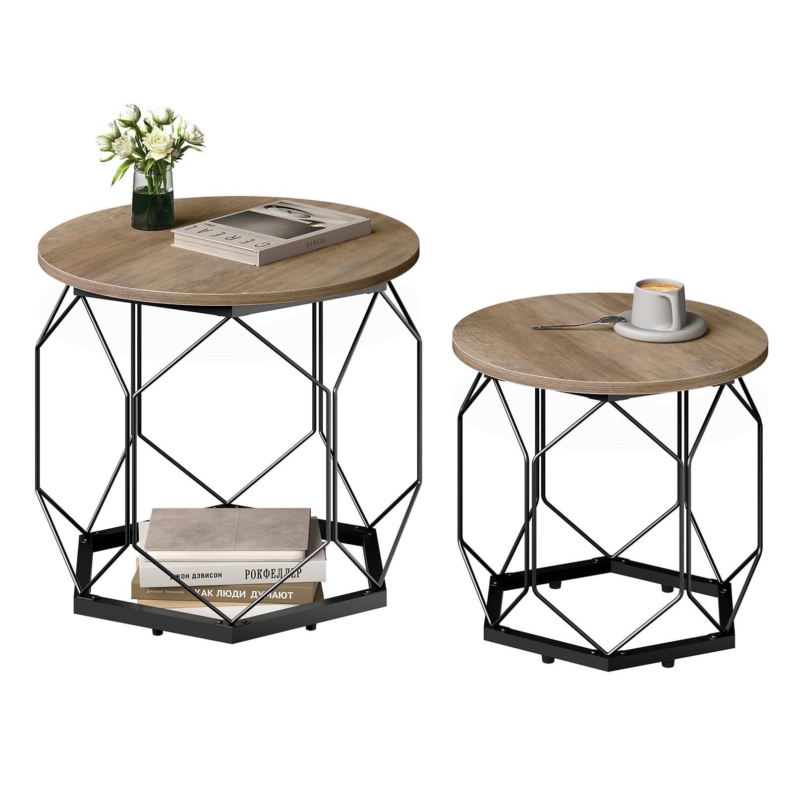 WOLTU Couchtisch 2er Set,Beistelltisch rund,hohlem Metallrahmen | Wohnzimmertisch mit Stauraum,Graue Holzoptik,einfache montage,bis 25 kg,für Wohnzimmer,Schlafzimmer ,Büro