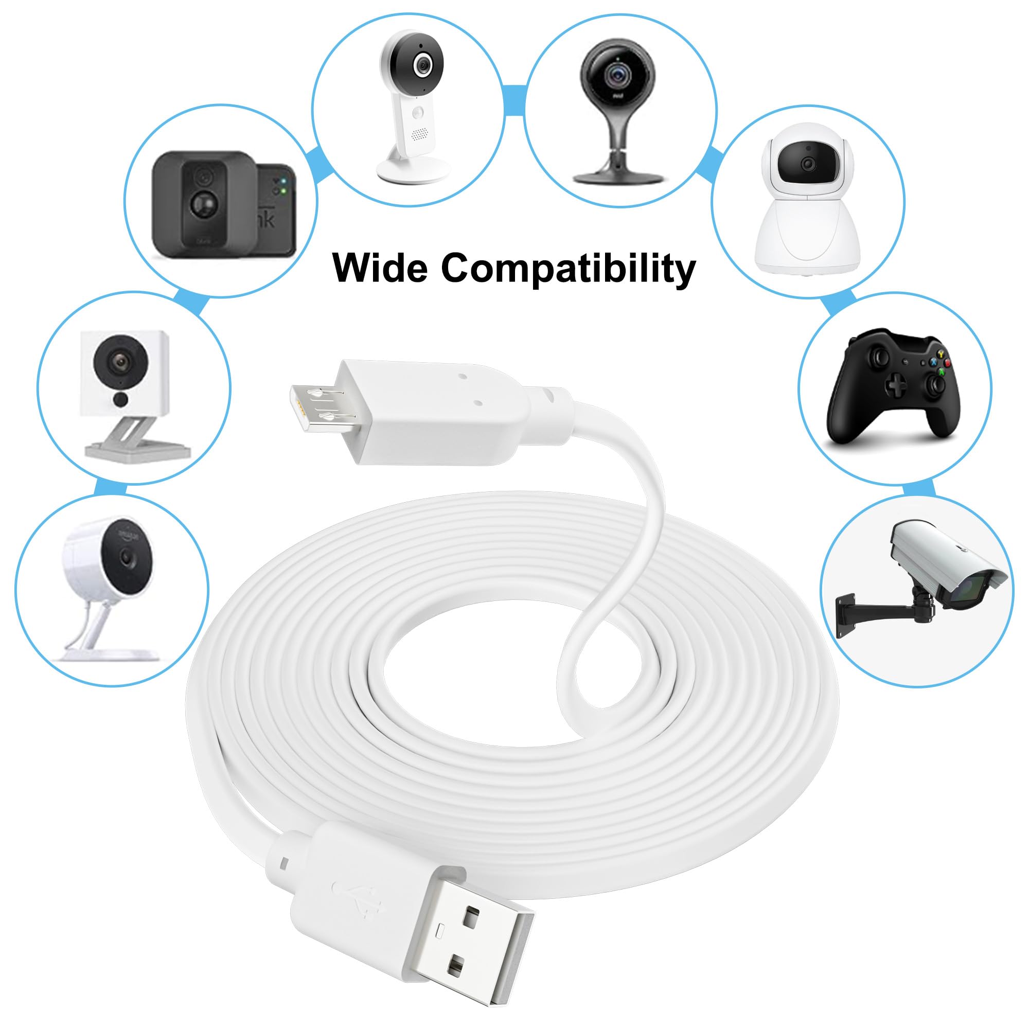 Paquete de 2 cables de extensión USB a micro USB de 30 pies, cable de carga de cámara plano compatible con Wyze Cam v4, Wyze Cam Pan v3, Wyze OG, Wyze Cam v3 y v3 Pro cámara de seguridad, con