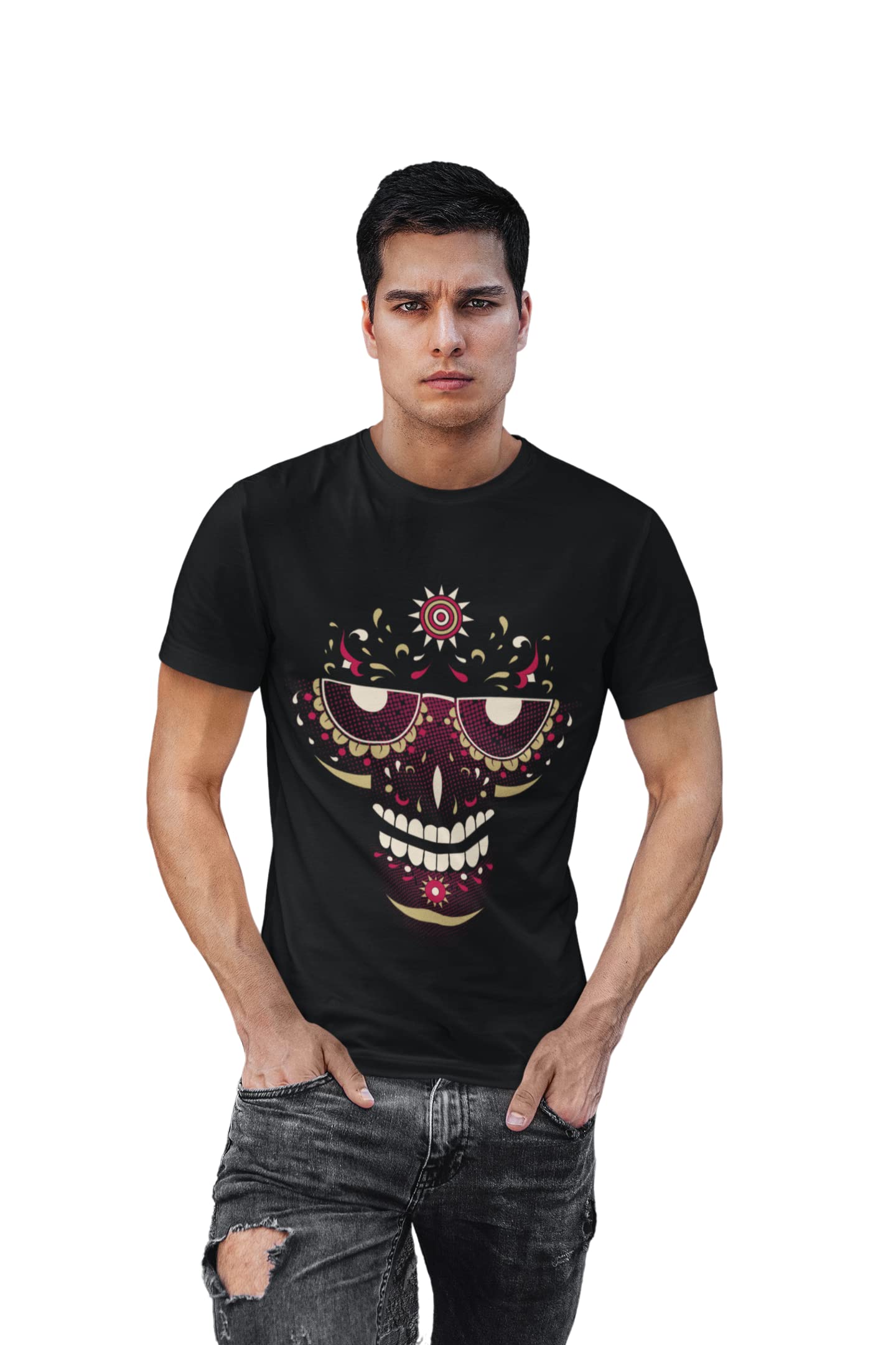 Classy CreationArt Illustration Graphic Tees Black Round Neck Cotton Half Sleeved Men's T-Shirt with Printed Graphics