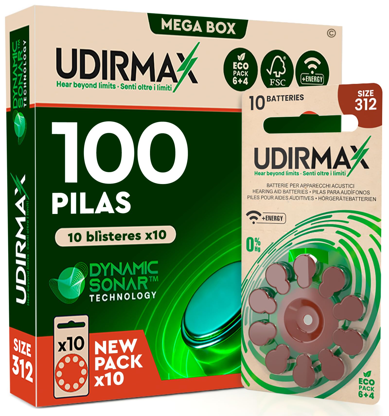 100 Pilas para Audífonos Tamaño 312 Udirmax PR41 Marrón Zinc-Air Eco Pack - 10 Ampollas Ecológicas de 10 Pilas