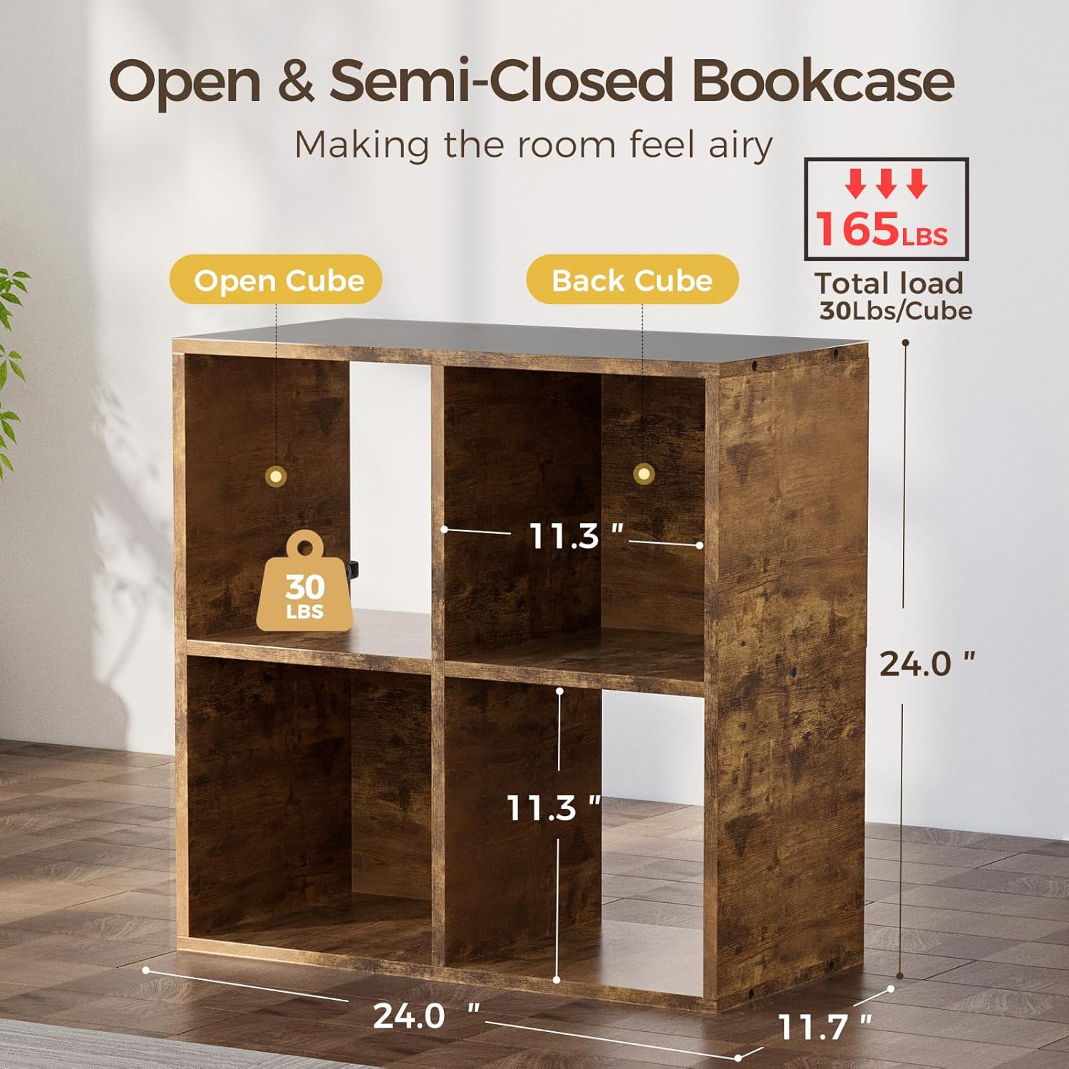 COMHOMA 4 Wood Cube Storage Organizer with Open Back and Removable Back Panels, 11In Brown Cube Storage Bookshelf, Cubicle Shelf Bookcase for Home Office Bedroom Living Room, Vertical or Horizontal 4 Cube-brown