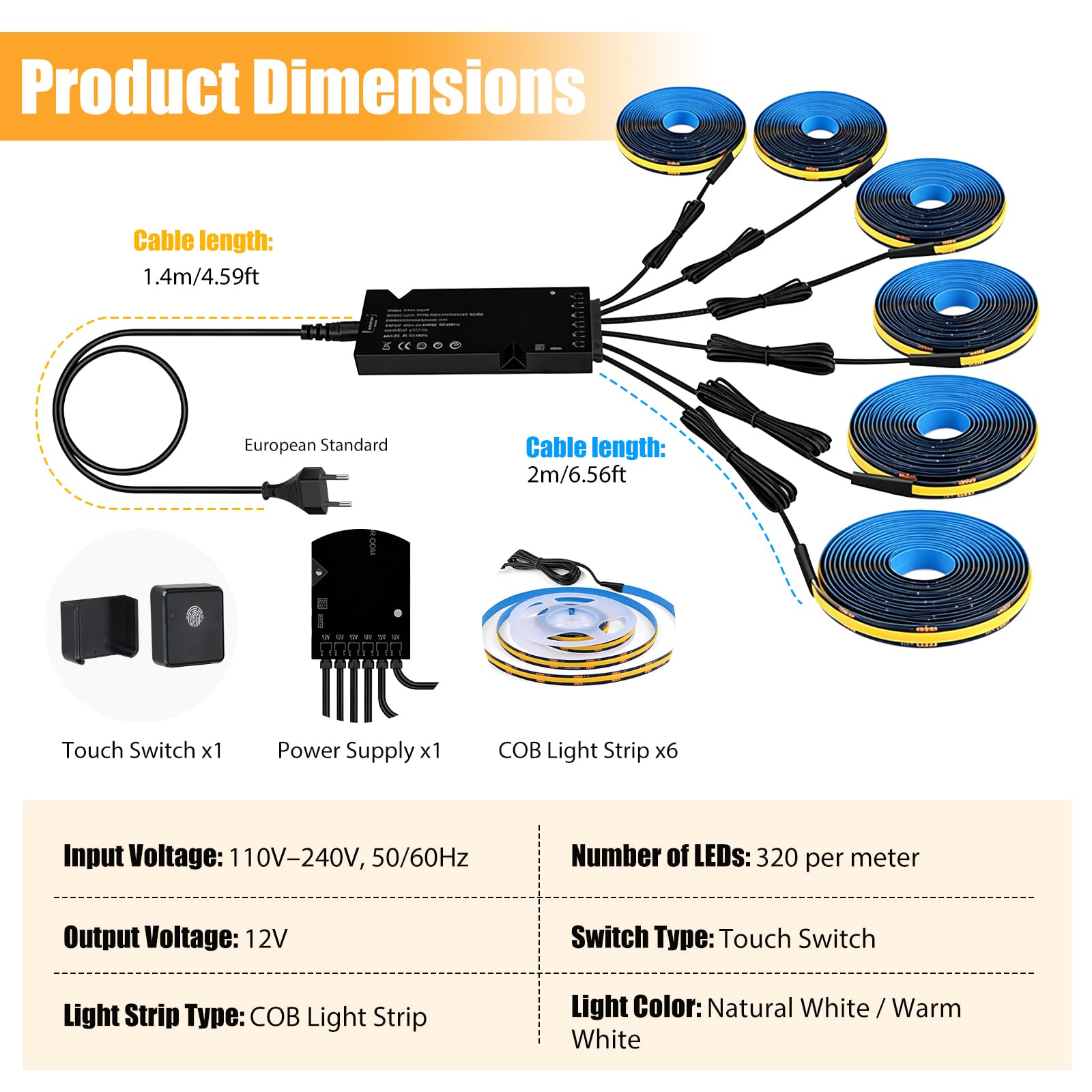 Tira de luces LED COB de 12 V, 6 x 1 m, blanco cálido, 3000 K, regulable, con interruptor táctil, para paneles acústicos, armarios, vitrinas, cocina, vitrina, vitrina, iluminación de