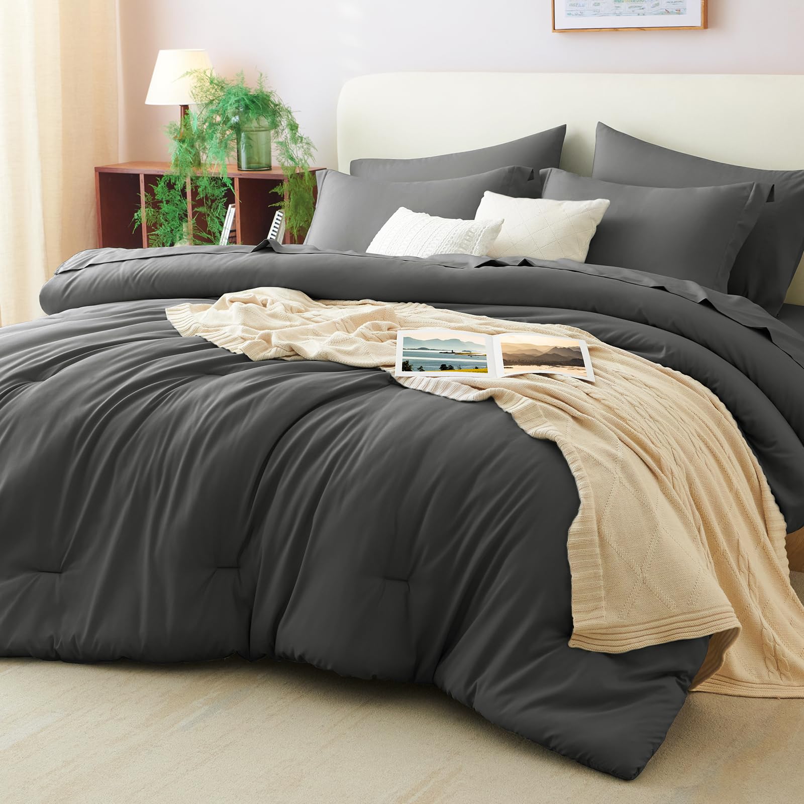 CozyLux Full Size Comforter Set Dark Grey, 7 Pieces Bed in a Bag Full Comforter Set with Sheets, Bedding Set with Down Alternative Comforter, Fitted