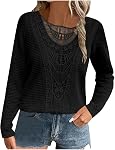 Women Lace V Neck Long Sleeve Pullover Sweaters Casual Lace Splicing Shirt Blouse Lightweight Knit Solid Jumper Tops