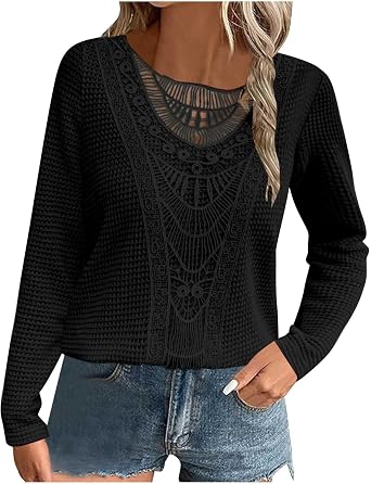 Womens Waffle T-Shirt Tops Paisley Print Long Sleeve Blouse Lace Embroidered Vintage Round Neck Loose Clothing