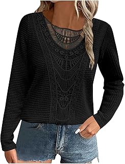 Shirts for Women Dressy Elegant Lace Hollow Out Long Sleeve Crewneck Solid Blouse Business Casual Sexy Going Out Tops