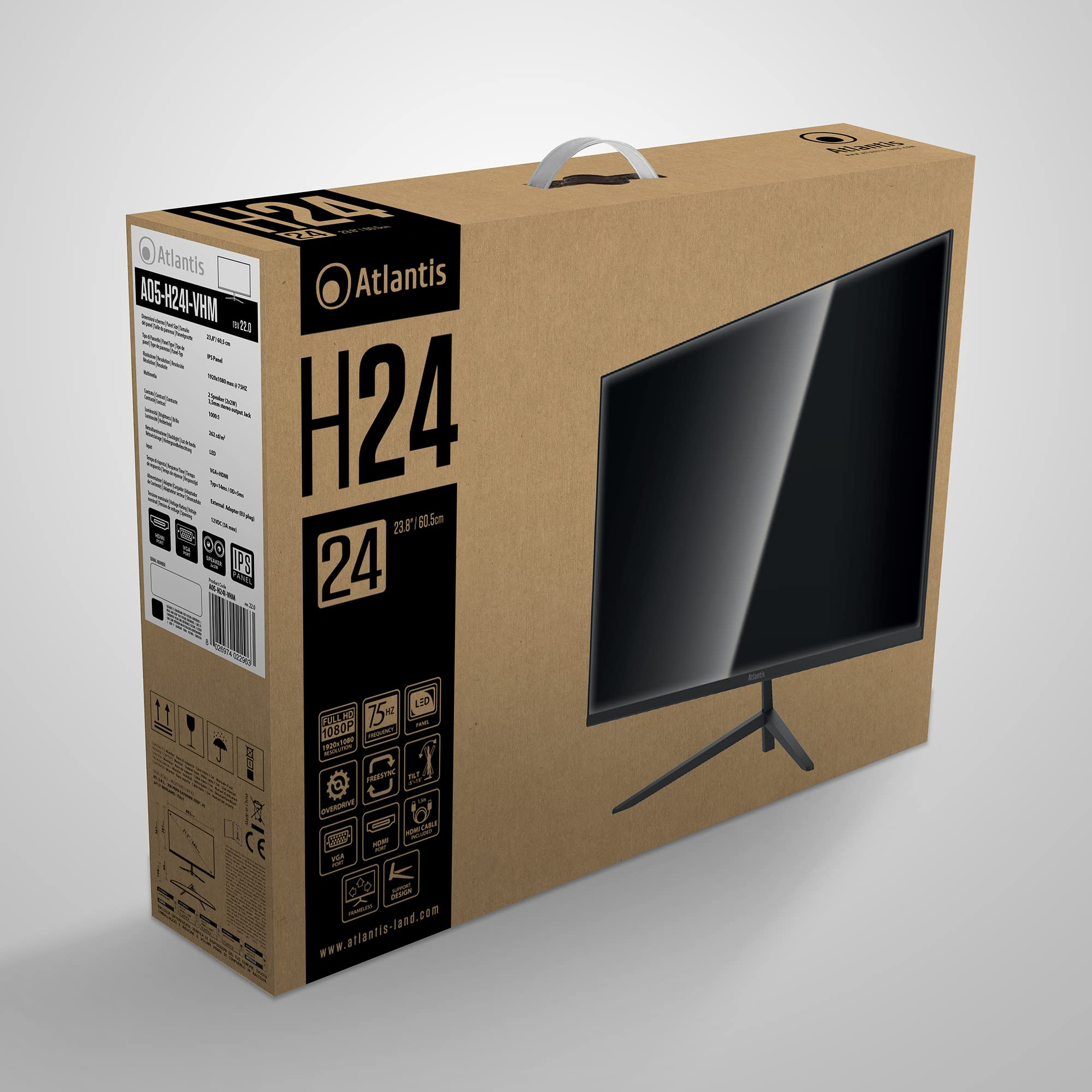 Atlantis Monitor 24 pollici, schermo 24" IPS 75Hz, Full HD 1920x1080, VGA HDMI, MULTIMEDIALE, FreeSync, Uscita Audio/Cuffie, inclinabile, risposta 5ms, Contrasto 1000:1, Angolo 178/178, Cavo HDMI 1,5m