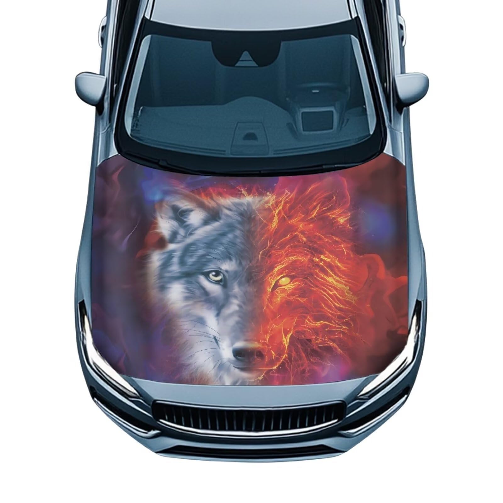 Red Wolf Car Hood Cover Polyester Elastic Fabrics Washable Suitable for Large SUV and Pickup Trucks 39×59in