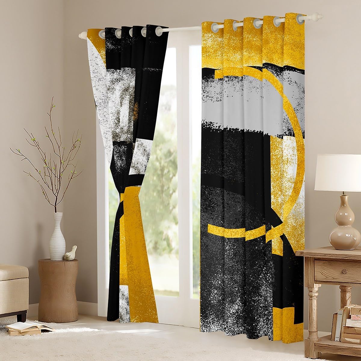jejeloiu Gray Black Yellow Stripe Blackout Curtains Abstract Yellow and Black Window Curtains Retro Circle Swirls Darkening Dreapes Teens Abstract Art Window Treatments (2 Panels, 52 x 84 Inch)