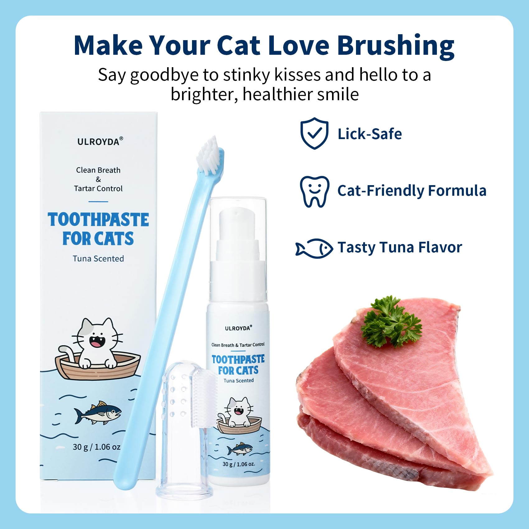 Cat Dental Care Kit – Tuna Flavor Toothpaste 1.06 oz with Toothbrush & Finger Brush | Gentle Formula, Fresh Breath & Plaque Control