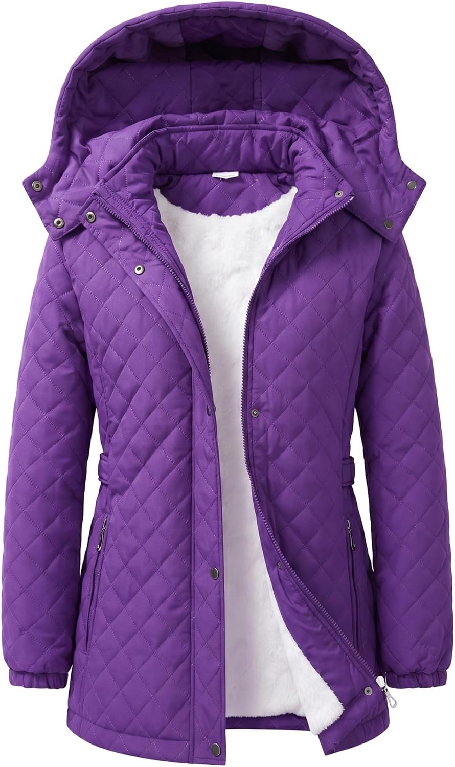 JiangWu Women's Long Fleece Lined Winter Coat -Stylish Diamond Quilted Warm Jacket with Removable Hood