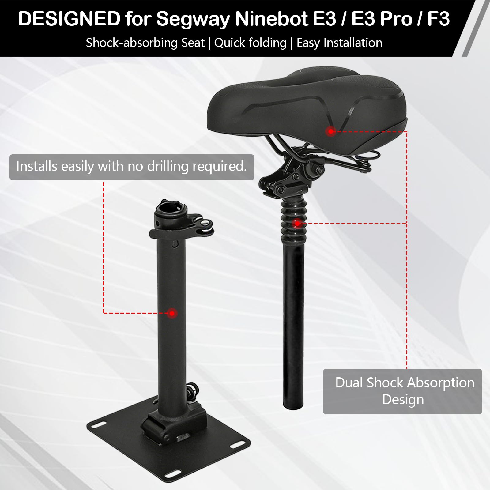 Składane siedzisko do skutera elektrycznego z regulacją wysokości, kompatybilne z Segway Ninebot F3/E3/E3Pro, wysokość siedziska 45-65 cm, amortyzujące siedzisko, przenośny pasek na ramię i paski