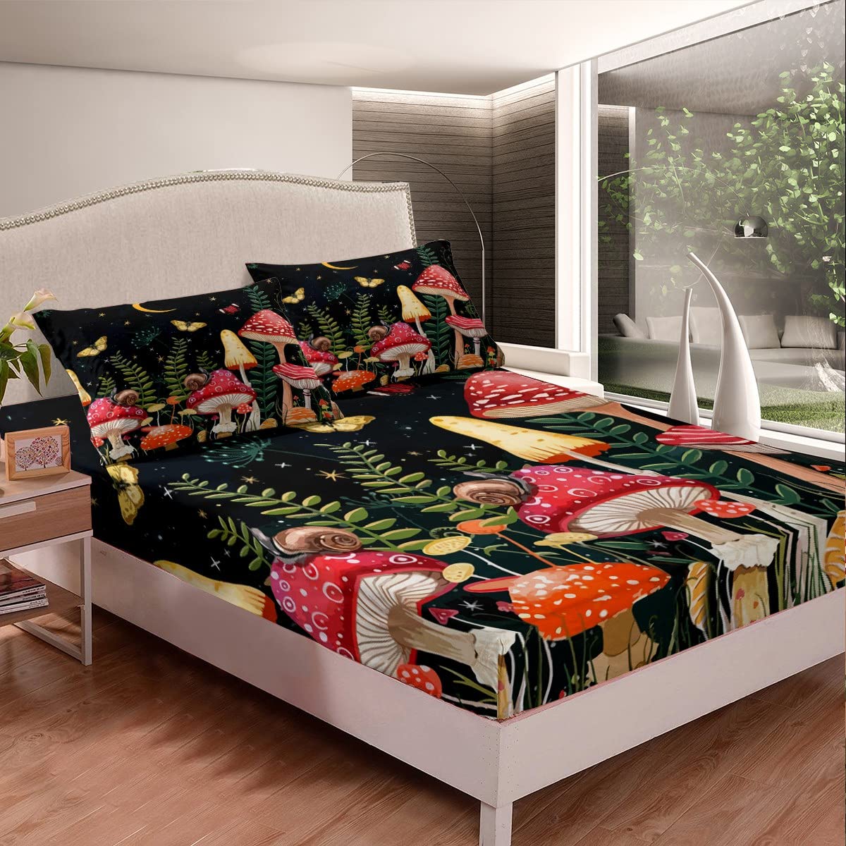 Kids Mushroom Bed Sheet Set Natural Wild Fungus Bed Sheets for Kids Boys Girls Botanical Plants Bedding Fitted Sheet Butterfly Bed Sheet Set Single