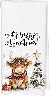 Qabliqo Highland Cow Christmas Kitchen Hand Towels, Merry Christmas Xmas Tree Baby Cow Decorative Hand Towels for Kids Bathroom Washroom, Winter Bathroom Decor, 16x24 Inch