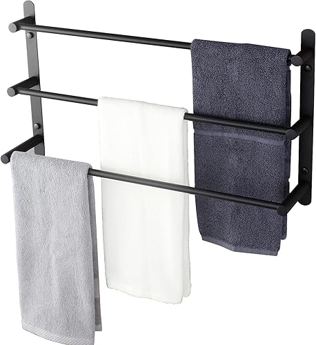 KOKOSIRI Barras de Toalla de Baño Negro Mate para Baño de 3 Niveles con Escalera, Estantes de Toallas Montados en la Pared de Acero Inoxidable,