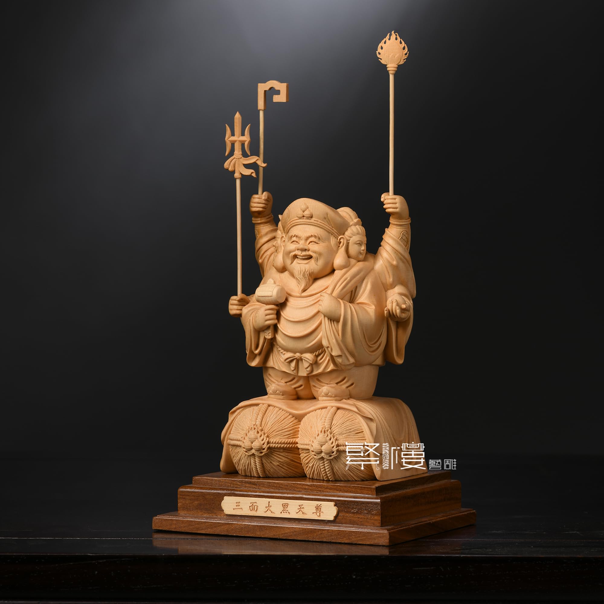 木彫りの仏像 三面大黒天 黒檀木製 七福神 置物 開運招福の守護神