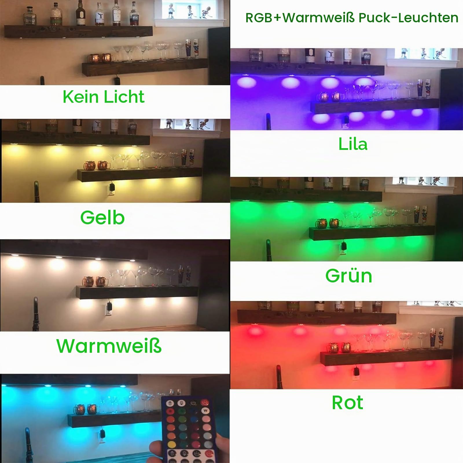 AIBOO RGB Unterbauleuchte Küche LED mit Fernbedienung,Rund Schrankbeleuchtung Dimmbar Vitrinenbeleuchtung Farbwechsel Schranklicht für Vitrine, TV, Regale, Schrank Schlafzimmer Spielzimmer (6)