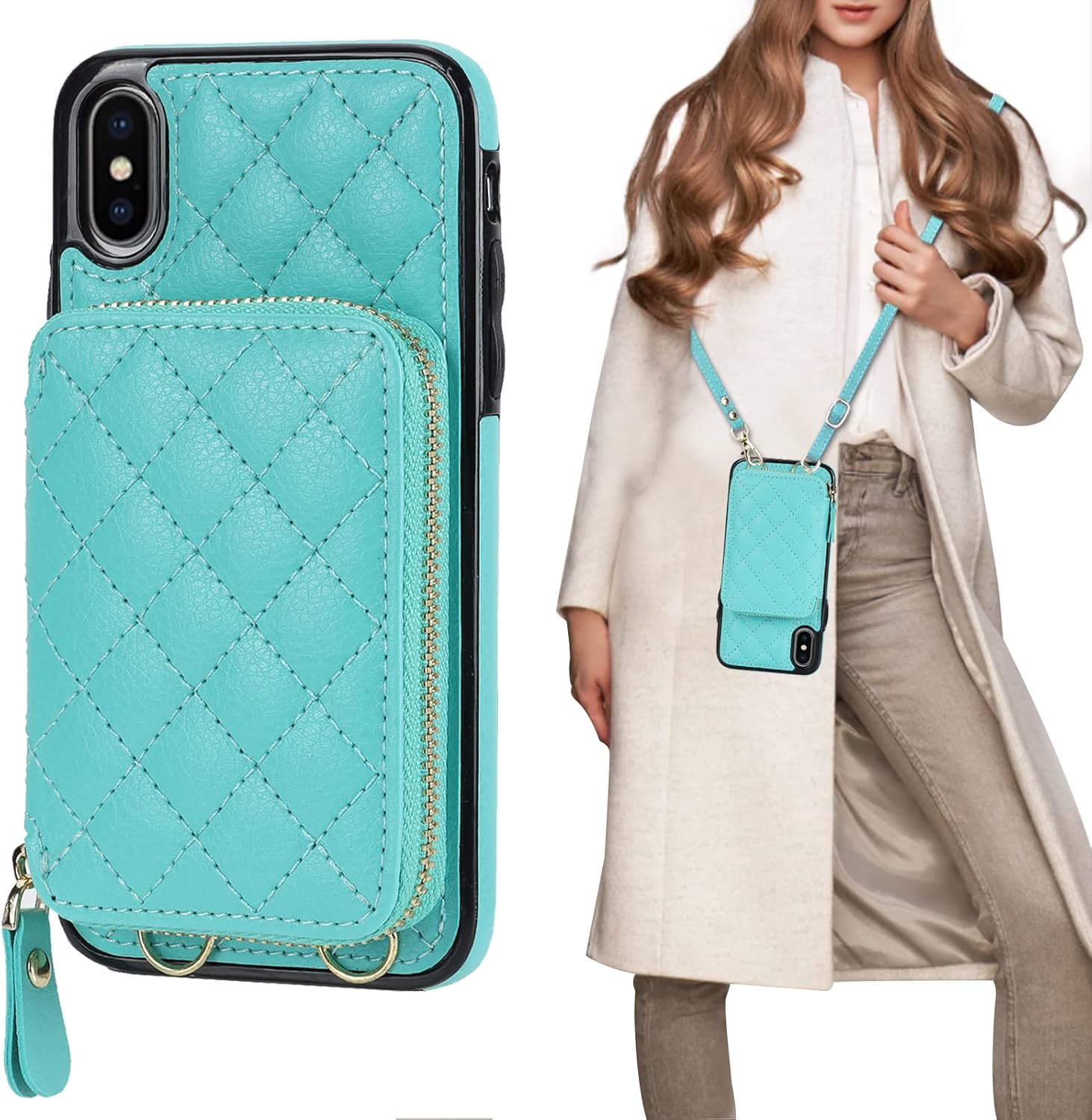 Bocasal Crossbody Wallet Case for iPhone X Xs, RFID Blocking PU Leather Zipper Handbag Purse Flip Cover, Kickstand Folio Case with Card Slots Holder Wrist Strap Lanyard 5.8 Inch (Mint Green)