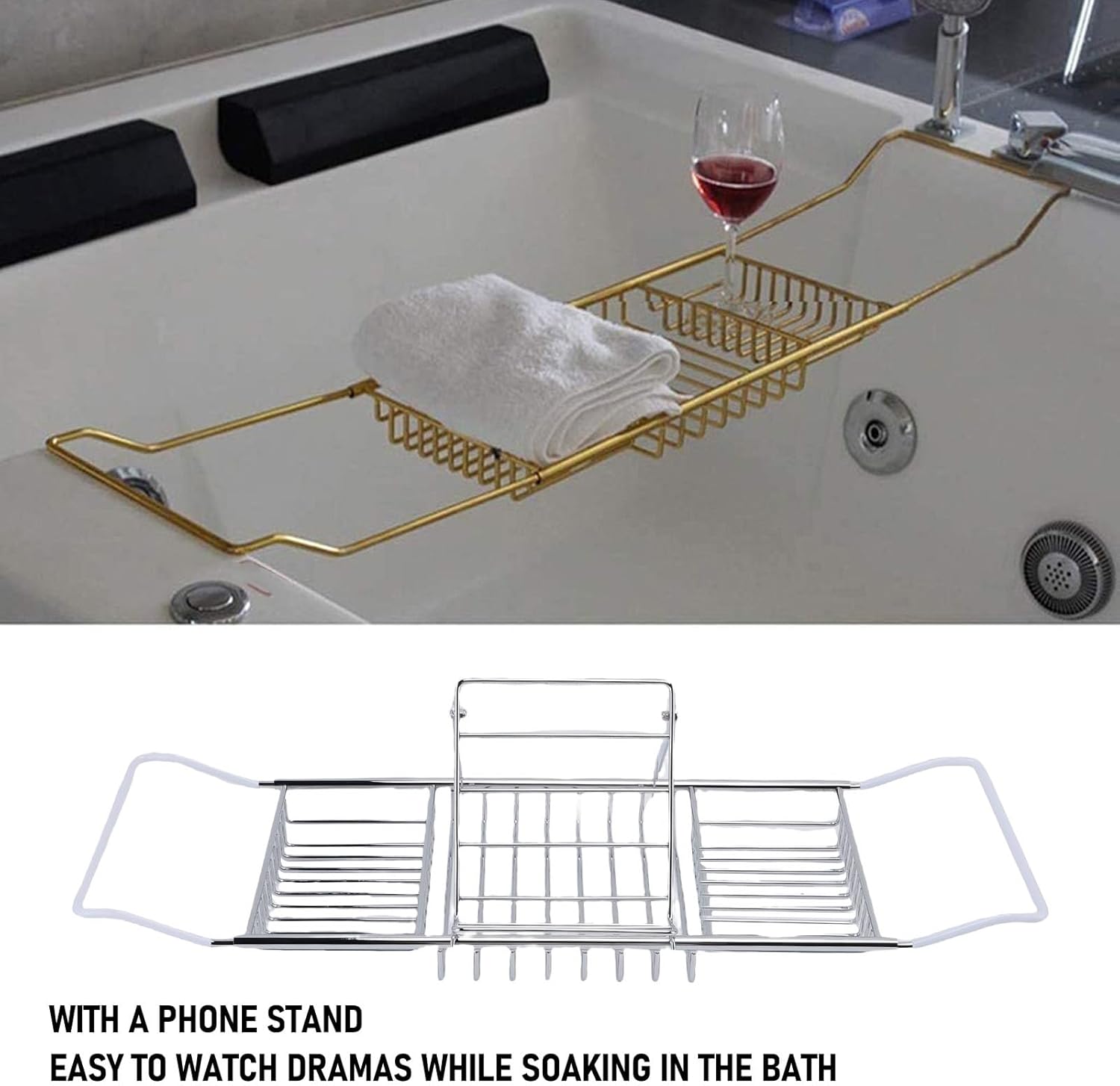 Generic Stainless Steel Shower Bathtub Caddy Tray, Expandable Over Bathtub Tray Tub Table Organizer Rack with Phone Stand, for Bathroom Soap Shampoo (Silver)