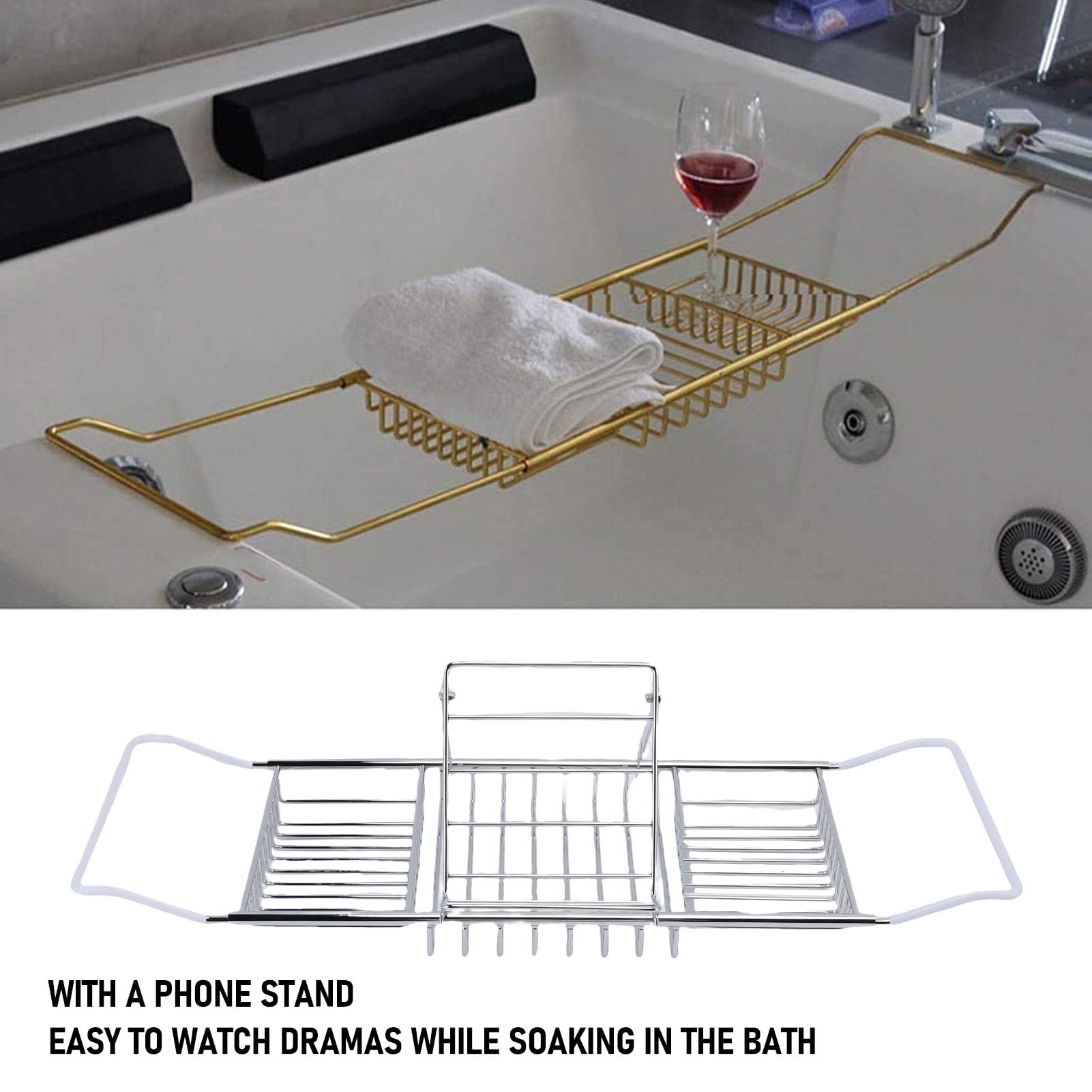Sxhlseller Bandeja de Baño de Acero Inoxidable de 25 a 38,4 Pulgadas |Estante Extensible para Bañera de Ducha con Soporte para Teléfono para champú y (Silver)
