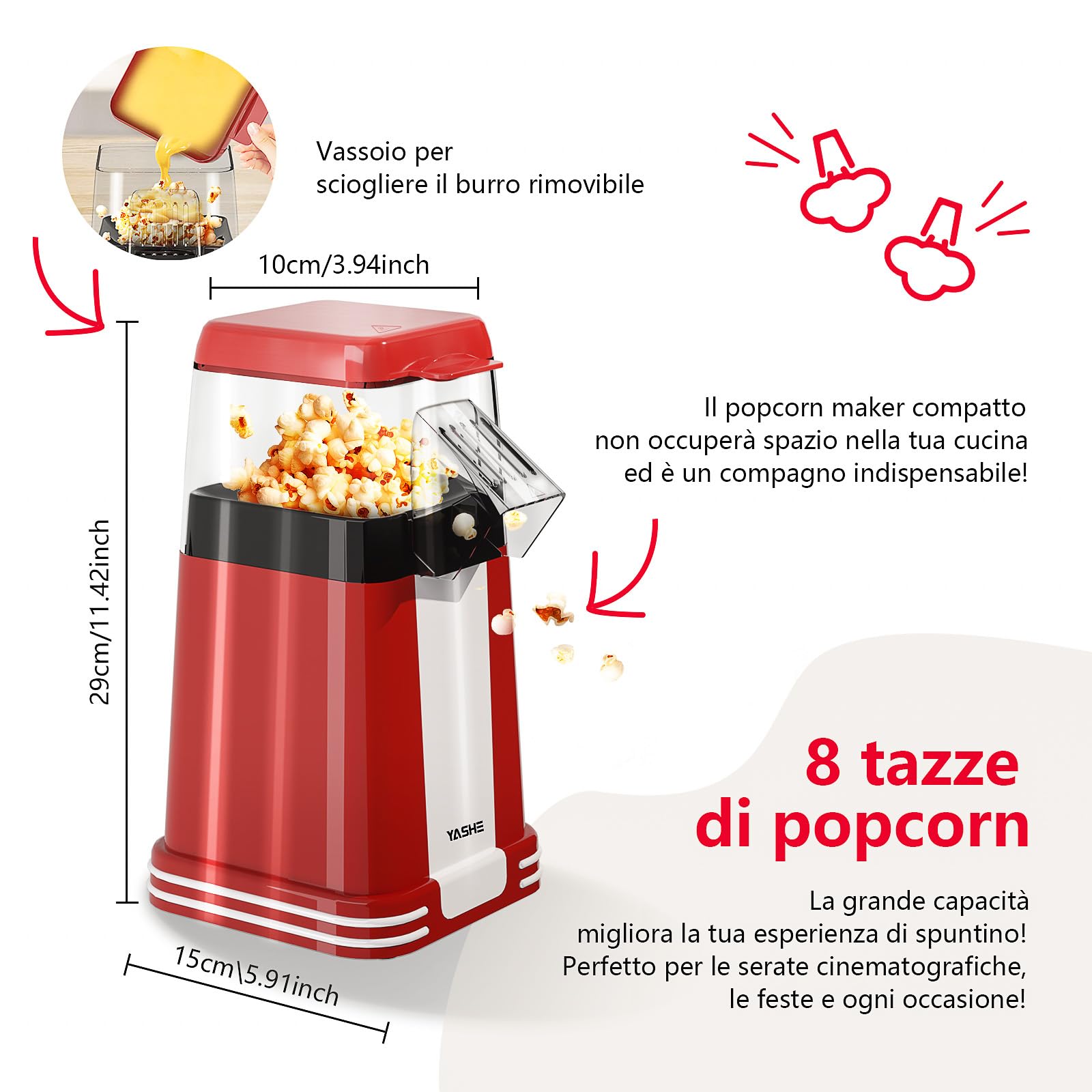 YASHE Popcorn Machine Retro, 1200W Hot Air Popcorn Maker con Misurino, One-Touch, Senza Olio, Perfetta per il Cinema Casa, le Serate Cinematografiche, le Feste