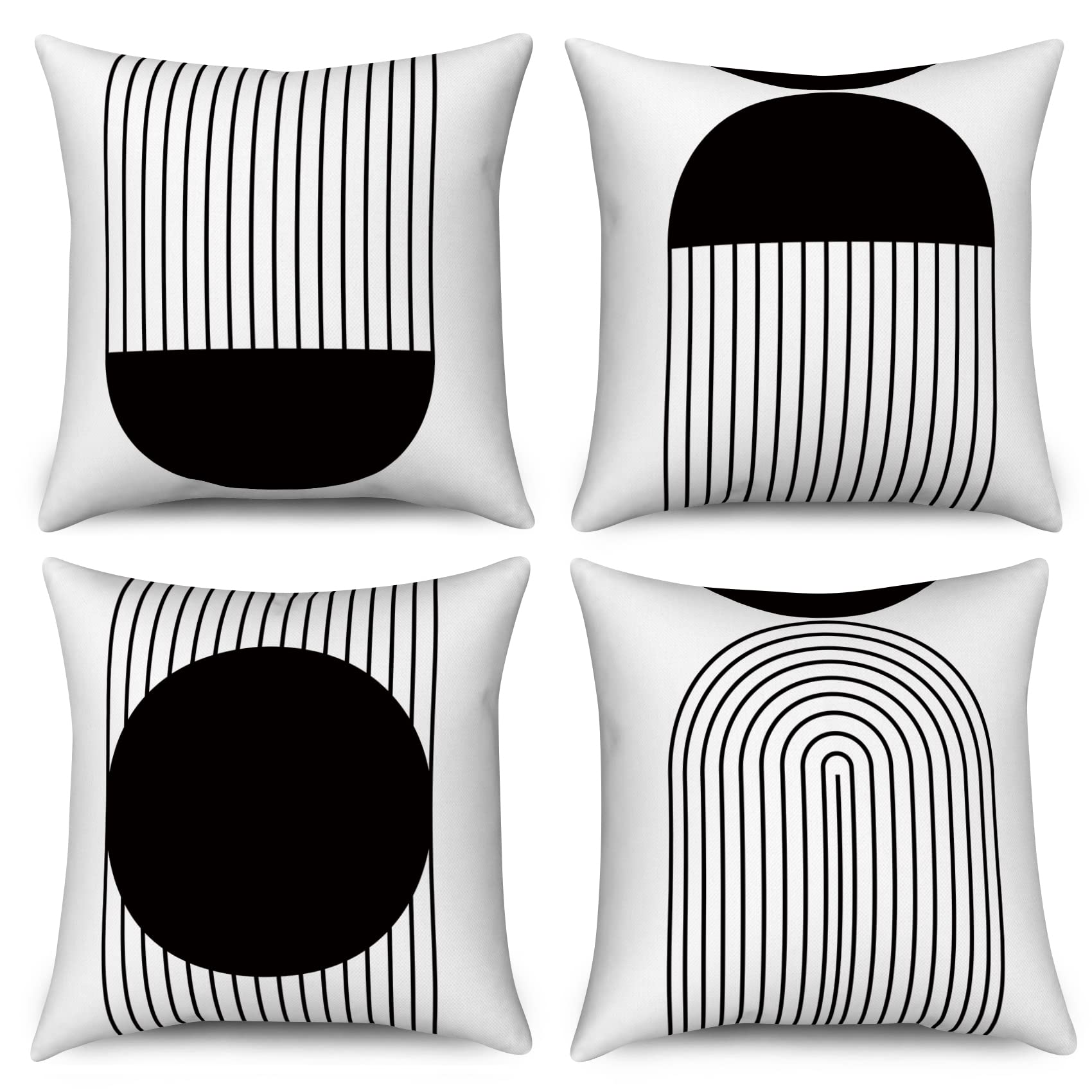 Funda de Cojín Boho 40x40 Juego de 4, Blanco y Negro de Mediados de Siglo Abstracto geométrico Arco Sol Fundas de cojín Decorativo Moderno Minimalista de Lino para sofá Exterior Home Decor